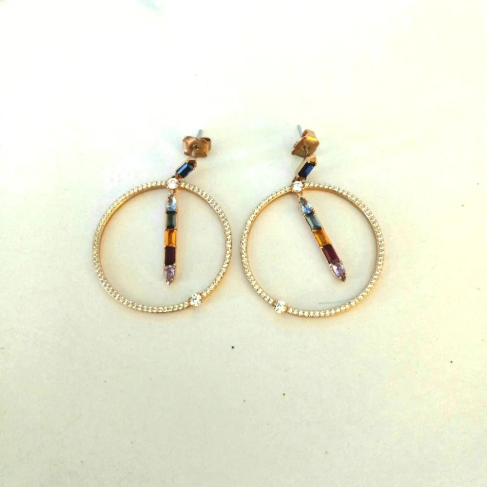 Nadri rose gold multi color prism circle drop earrings.